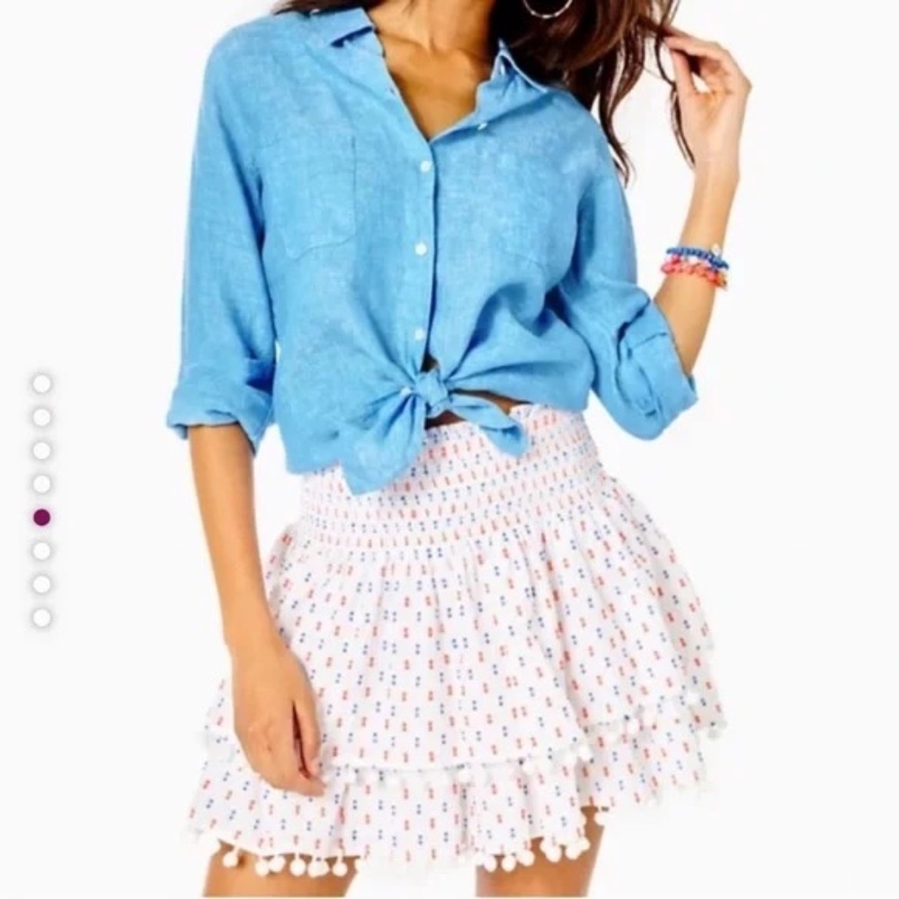 Lilly Pulitzer Ethenia Skirt Tiered Pom Pom Gauze Resort White Polka Dot, sz sm